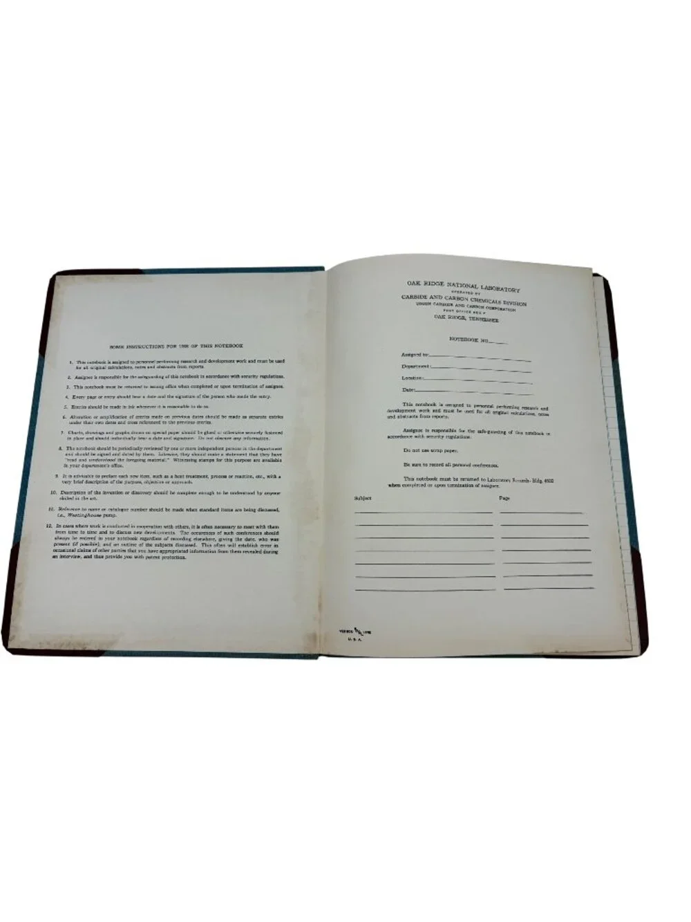 Vintage Oak Ridge National Laboratory Union Carbide Lab Research Notebook Unused